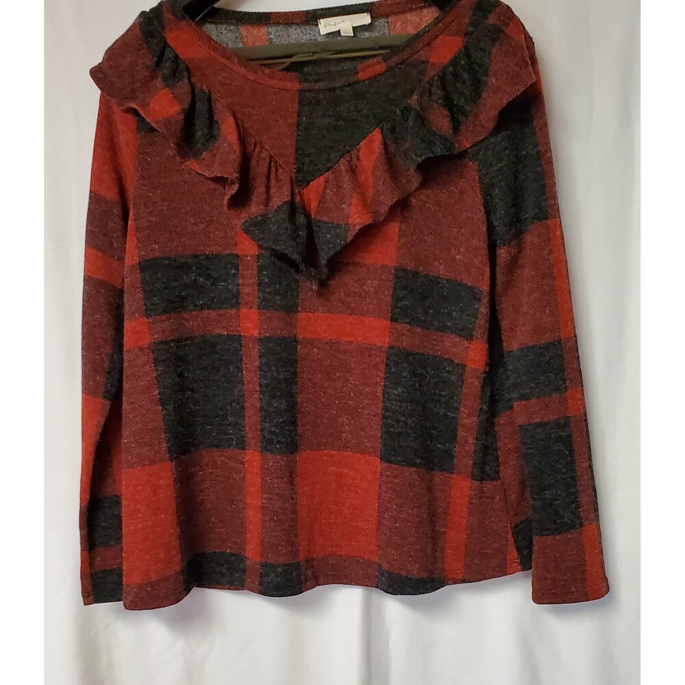 Plaid Women's Blouse with Front Ruffled Yoke by Perfect Peach Size Large